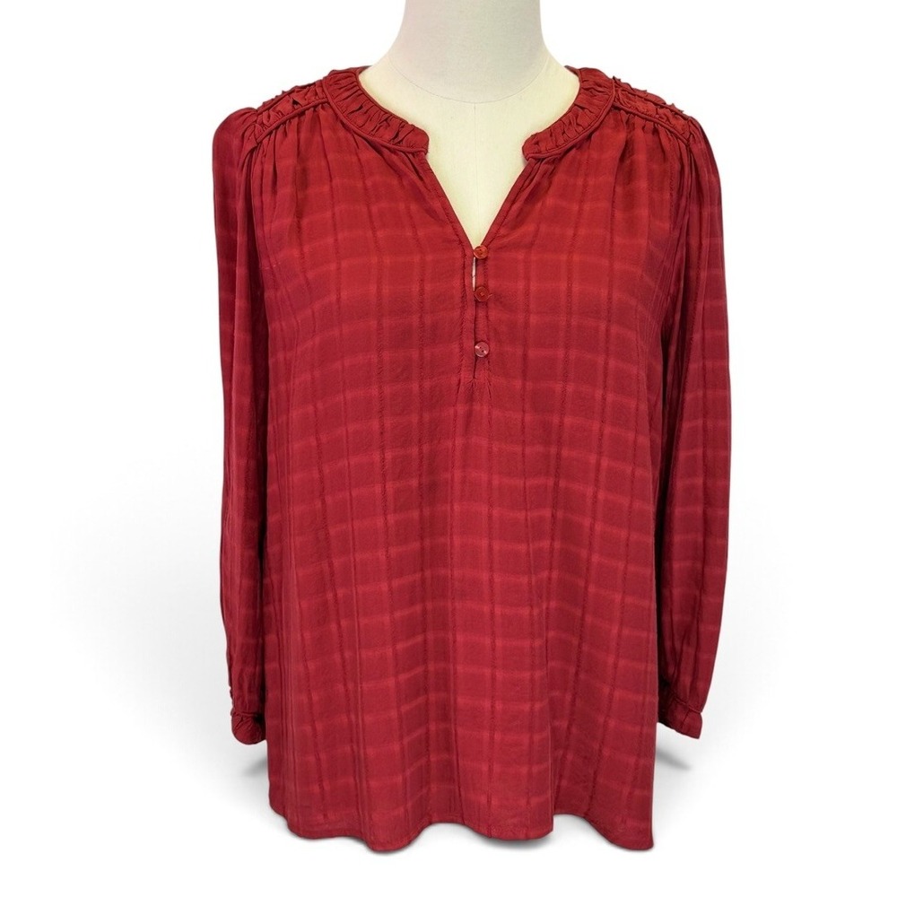 LOFT Red Textured Check Henley Blouse Long Sleeve Lightweight Women’s Size S